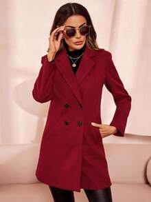SHEIN Clasi Lapel Neck Double Breasted Overcoat In Fall/Winter - Burgundy - View 5
