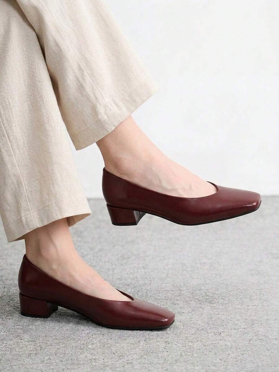 CUCCOO BIZCHIC Women's Spring/Summer New Vintage Burgundy Square Toe Low Vamp Daily Commute Versatile Mid-Heel Pumps - Jujube - View 1