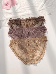 PetitDoll 3pcs/Set Random Heart Direction Sweet Heart Jacquard Mesh Ruched Ruffle Back Hollow Out Triangle Panties - Multicolor - View 2