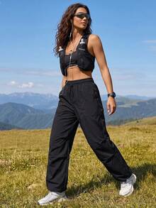 Exploreva Exploreva Women's Minimalist Solid Color Drawstring Waist Pocket Outdoor Long Pants For Sports - Black - View 6