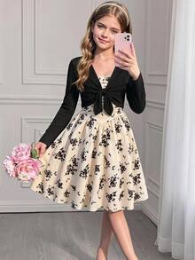 SHEIN 2pcs/Set Girls' Casual Elastic Ribbed Knit Pullover Jacket (Closed Front With Bow Decor) & Woven Textured Digital Floral Print Cami Dress Set, Suitable For Daily Wear And Vacation In Spring/Autumn - Multicolor - View 1