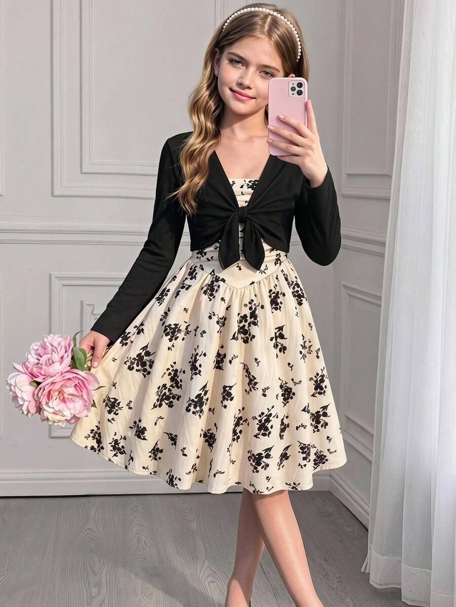 SHEIN 2pcs/Set Girls' Casual Elastic Ribbed Knit Pullover Jacket (Closed Front With Bow Decor) & Woven Textured Digital Floral Print Cami Dress Set, Suitable For Daily Wear And Vacation In Spring/Autumn - Multicolor - View 1