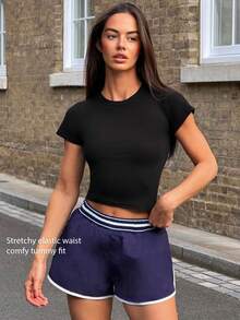 Fluxe Women's Navy Blue High-Waist A-Line Athletic Modest Shorts Striped Waistband White Trim Quick-Dry Hidden Pocket Breathable For Gym Tennis Summer - Navy Blue - View 9
