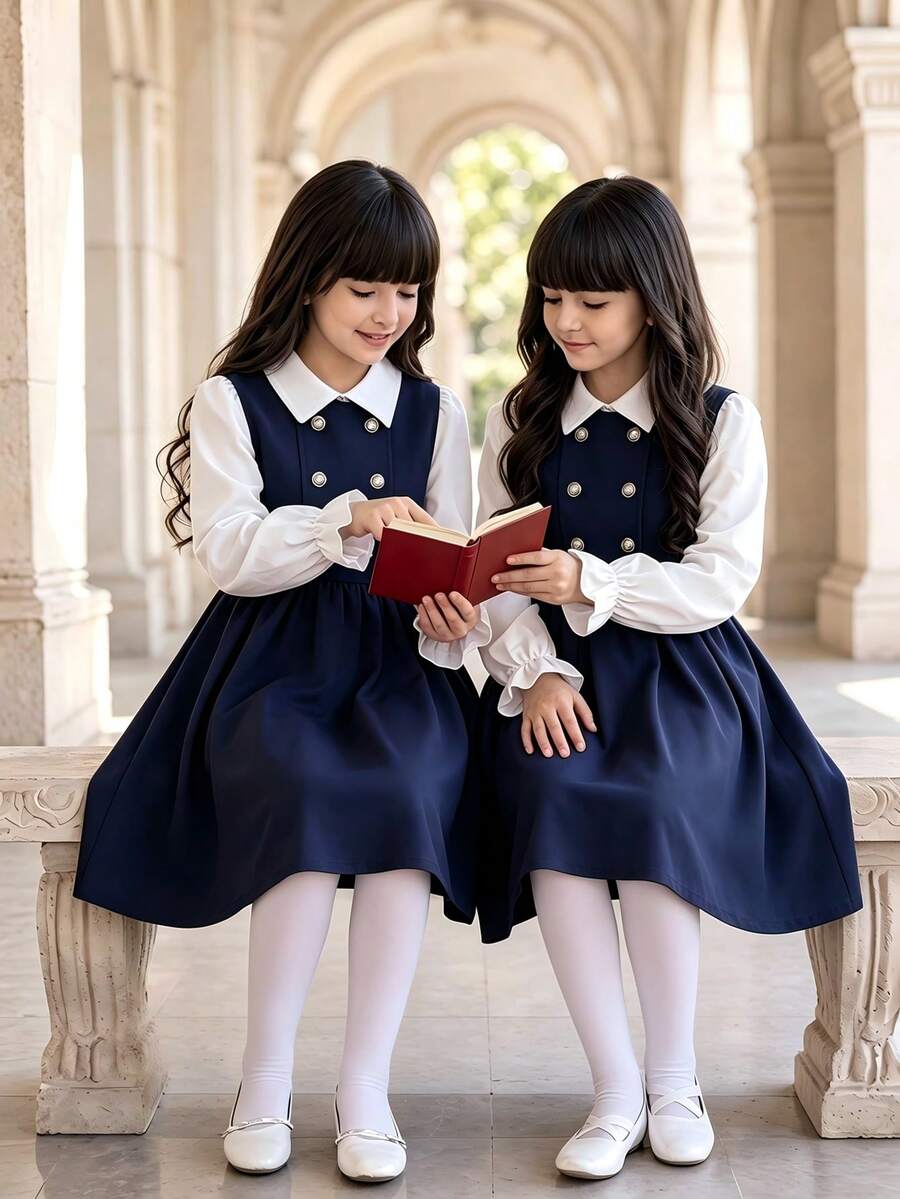 青少年女孩海軍藍與白色雙排扣泡泡袖休閒優雅中長洋裝,學院風開學校服,秋季 - 藏蓝色 - 查看 1