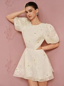 Zanirela French Romantic Elegant Date Party Girl Exquisite Heavy-Duty Gold Thread Hibiscus Embroidery Floral Fabric Round Neck Waist Cutout Backless Puff Short Sleeve A-Line Mini Dress - Apricot - View 6