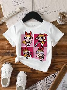 THE POWERPUFF GIRLS X SHEIN 女童夏季休閒卡通印花T恤 - 白色 - 查看 7