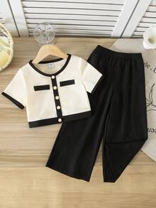 SHEIN 女童仿珍珠纽扣撞色饰边短袖T恤和休闲裤套装 - 彩色 - 查看 7