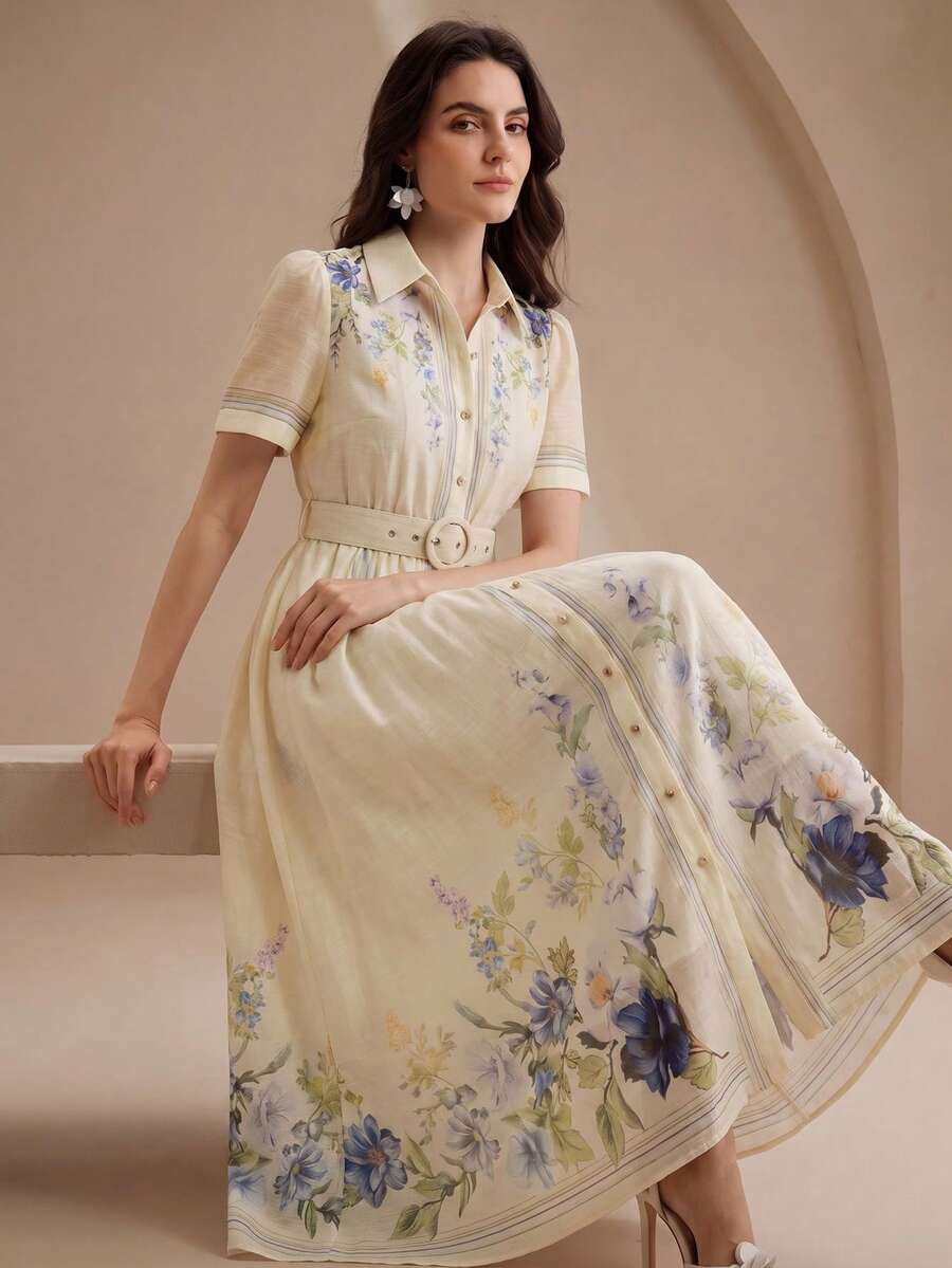 Anewsta Spring/Summer Pale Yellow Premium Position Print Shirt-Style Short Sleeve Long Dress For Women - Light Yellow - View 1