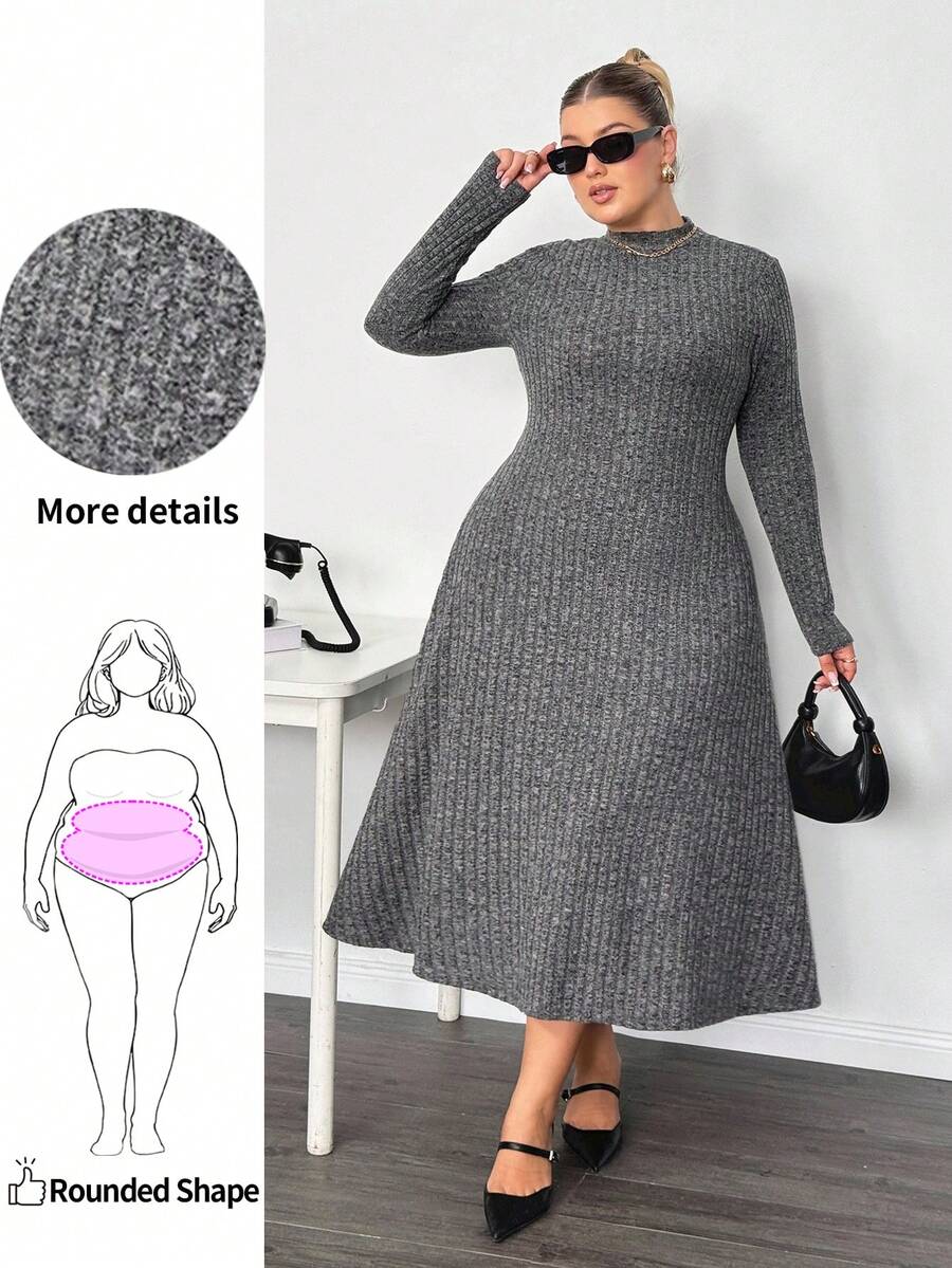 Enliva Lacenleopard Plus Size Solid Color Ribbed Stand Collar Long Sleeve Dress, For Pear Triangle Body Shape Autumn Office Semi Formal Gray Casual