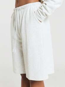 11SKNDS Oversized lange Fleece-Bermuda-Shorts mit elastischem Kordelzugbund, entspanntem weitem Bein, Sweatshorts, lässige Alltagskleidung, Loungewear für Frühling und Sommer - Hellgrau - Übersicht 5