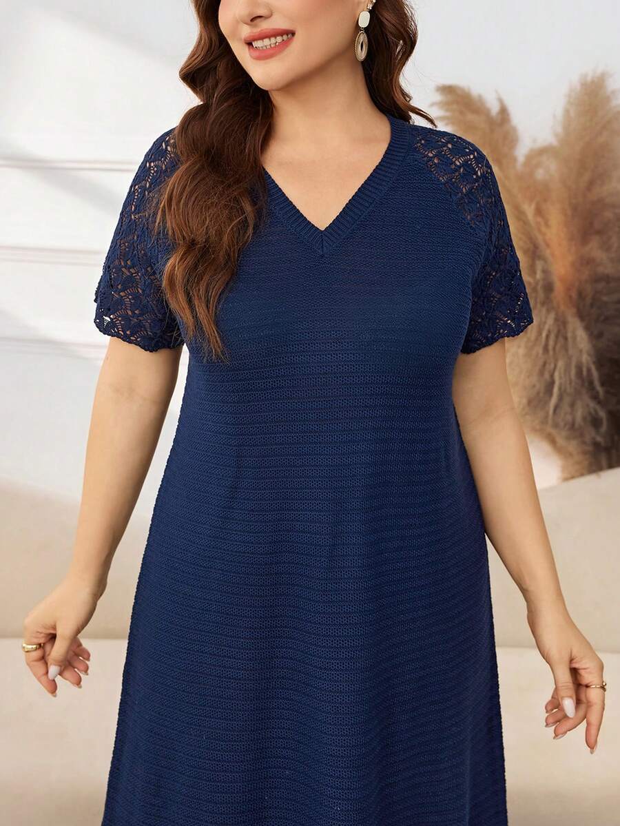 Lacomfia Plus Size Women's V-Neck Casual Elegant Daily Summer Knit Dress Cocktail Party Navy Blue - Navy Blue - View 1