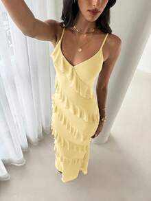 Aloruh 女款春夏波西米亞風荷葉邊修身洋裝 - 淡黃色 - 查看 4