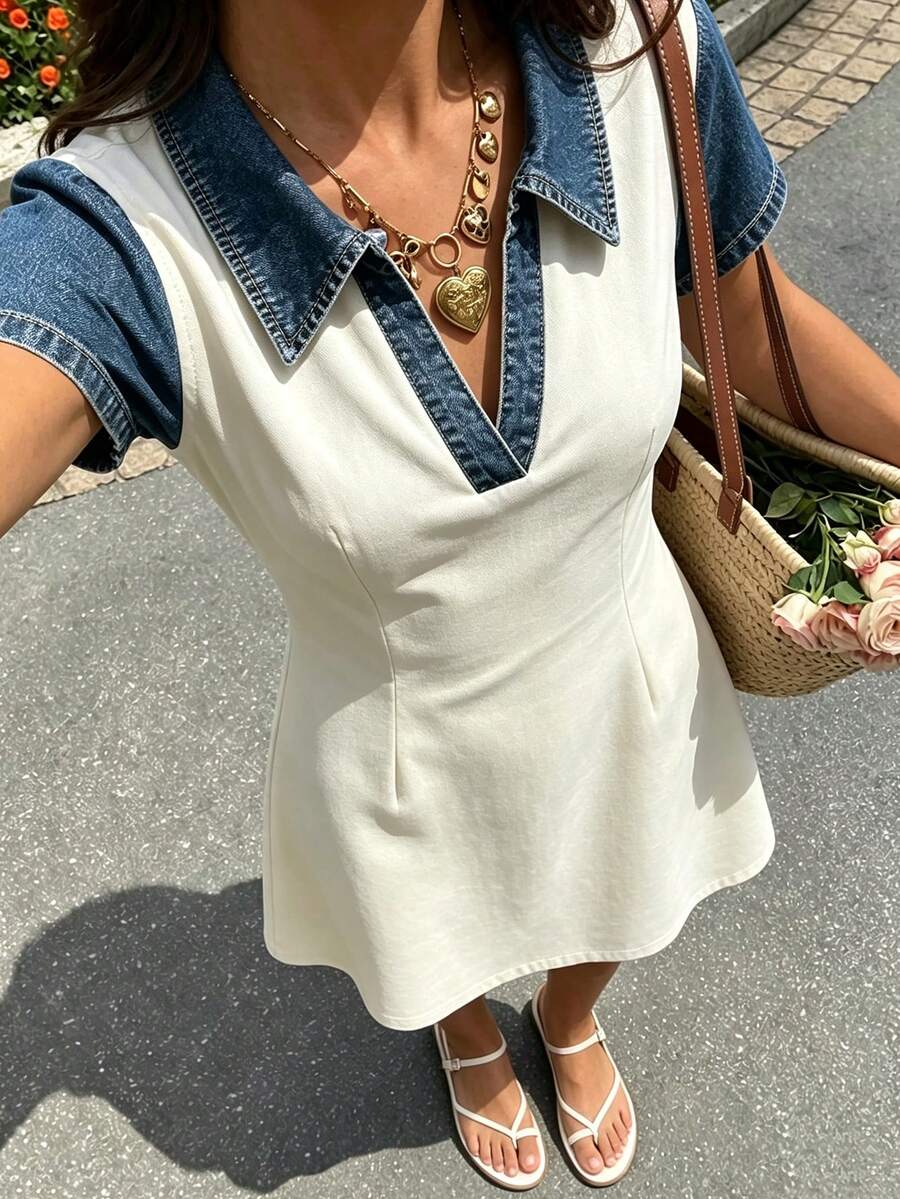 SHEIN Franclia New Apricot Knit Patchwork Faux Denim Effect Casual Daily Slim Fit Short Sleeve Women's Short Dress Graduation Season Campus Hot Girl Energetic Outfit Women's Casual Wear Women's Daily Minimalist Outfit - Multicolor - View 1