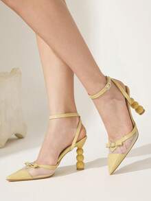 CUCCOO CHICEST Women's Shoes Rhinestone Bow Mesh Pointed Alien Heel French Fresh Light Yellow Patent Leather Women's Back Empty High Heels Commuter Dating - Yellow - View 4