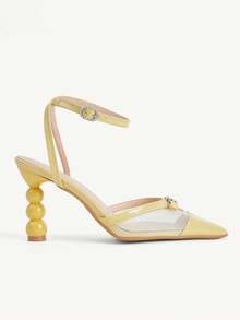 CUCCOO CHICEST Women's Shoes Rhinestone Bow Mesh Pointed Alien Heel French Fresh Light Yellow Patent Leather Women's Back Empty High Heels Commuter Dating - Yellow - View 8