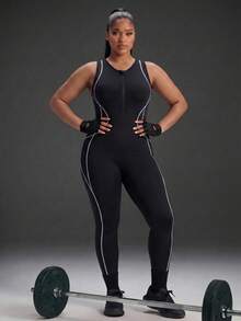 Powerista Women's Plus Size Seamless Front Zipper Black With White Line Decor Tank Top & Cropped Leggings Sports Jumpsuit - Mint Green - View 8