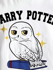 HARRY POTTER X SHEIN 青少年女孩圓領字母鳥圖案休閒日常短袖T恤 - 白色 - 查看 4