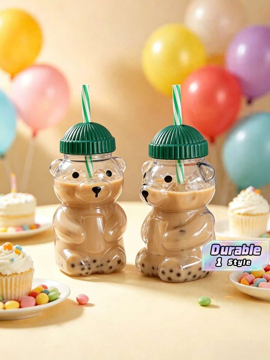 1/2/3/4/5/10Pcs Plastic Cute Bear Straw Cup – Teddy Bear Design Straw Tumbler With Lid, Reusable Travel Drinkware For Juice, Cold Drinks, Milk, Coffee (Not For Boiling Water) - Green - View 1