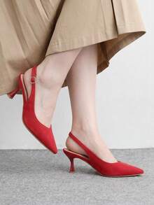 CUCCOO BIZCHIC Women's Red Pointed Suede Simple Commuter Fashion Wear Stiletto Back Strap High Heel Shoes - Red suede - View 3