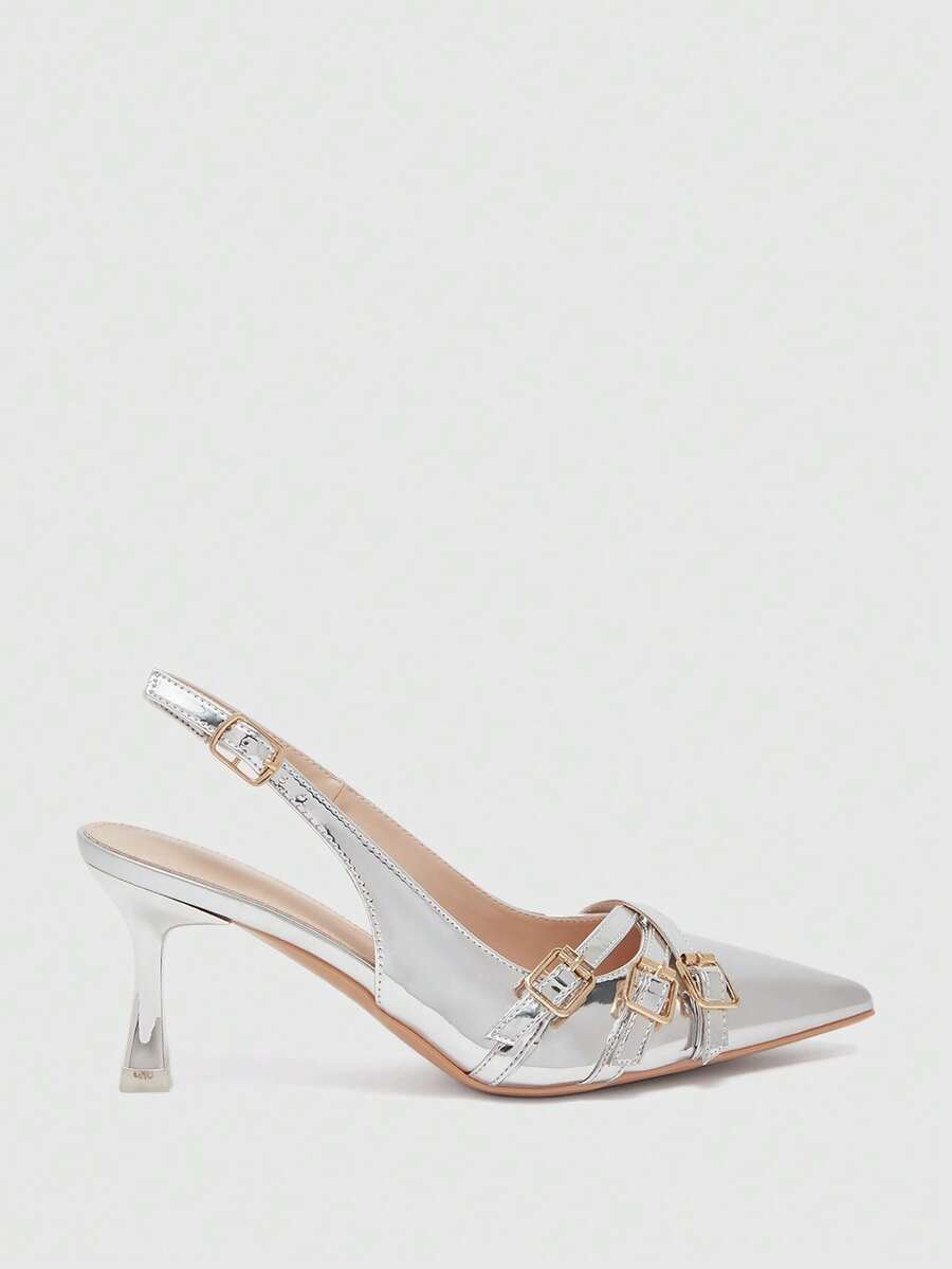 CUCCOO BIZCHIC WOMEN'S FASHION METAL BUCKLE SHOES Kitten Heels Fall Shoes - Silver 1 - View 1