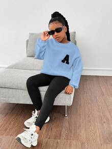 SHEIN Leap Crew Tween女孩寬鬆休閒字母貼布繡大尺寸落肩衛衣與緊身秋季長褲套裝 - 淺藍色 - 查看 5