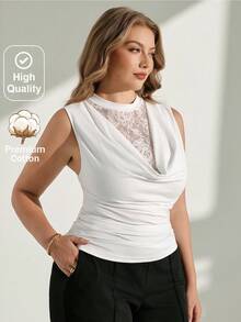 Chikora Plus Size Women's Camisole And Tank Top, Elegant All Season Wear Traceable Lace Patchwork Elastic Comfortable Brunch White Summer - White - View 7
