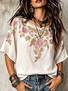 SHEIN New Women's Floral-Print Linen Short-Sleeve Blouse, Vacation, Casual Everyday Top, Patterned Blouse, White - White - View 1