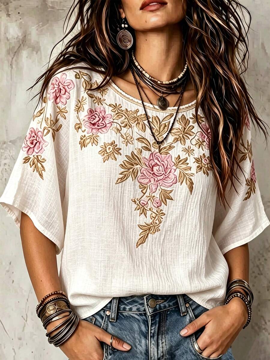 SHEIN New Women's Floral-Print Linen Short-Sleeve Blouse, Vacation, Casual Everyday Top, Patterned Blouse, White - White - View 1