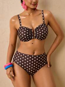 Travachic Plus Size Polka Dot Print Pleated Tank Top And Triangle Bikini Bottom Swimsuit Set Bathing Suit - Multicolor - View 5