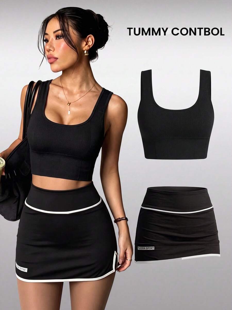 Eassivo Eassivo 2pcs Set Olahraga Wanita: Bra Warna Polos dan Rok Celana Pendek dengan Belahan Samping - MultiWarna - View 1