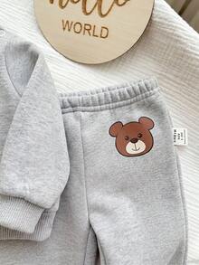 Newborn Baby Autumn/Winter Cute Cartoon Pattern Long Sleeve Sweatshirt & Pants Set - Light Grey - View 7