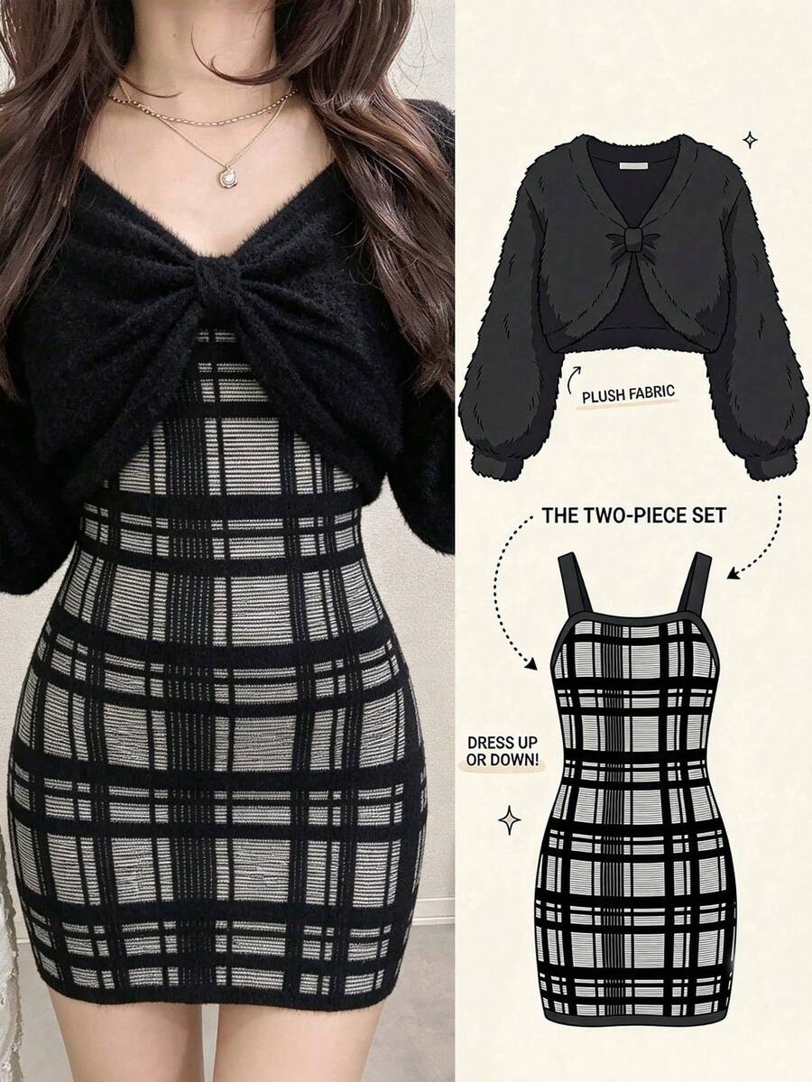 FRIFUL Women's Solid Color Cropped Sweater & Plaid Knit Dress 2 Pieces Set - Black - View 1