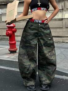 Coolane 男女夏季西部牛仔风街头服饰演唱会 Y2K 森林迷彩宽松低腰裤 - 軍綠色 - 查看 2