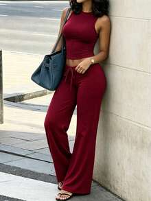 INAWLY Solva Casual Solid Color Tank Top And Pants 2 Pieces Set - Burgundy - View 7