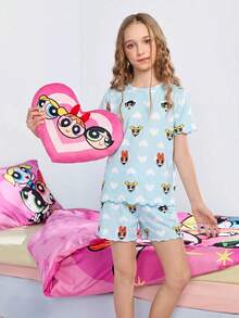 THE POWERPUFF GIRLS X SHEIN 少女卡通印花圓領短袖上衣與短褲休閒日常居家睡衣套裝 - 淺藍色 - 查看 6