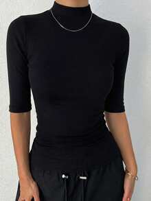 DAZY Women's Turtleneck Slim Fit Short Sleeve T-Shirt - Black - View 2