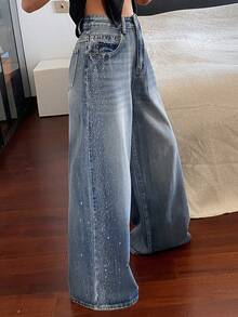 Livesso Tall Celana Jeans Denim Wanita Model Lurus Longgar dengan Hiasan Berlian Imitasi untuk Pemakaian Sehari-hari Kasual di Musim Gugur - Light Wash - View 8