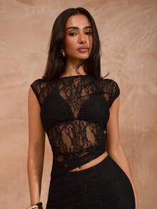Opulessa Women's 2pcs Solid Color Knitted Lace Fitted Top & Long Pants Set For Vacation - Black - View 8