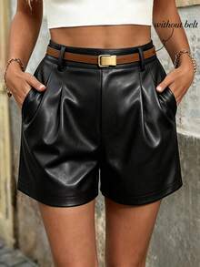 EMERY ROSE American Vintage Black High-Waisted Pleated Pocket Design Slimming Versatile Outerwear Bermuda Leather Shorts - Black - View 1
