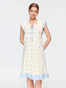 Bonmuse Piyama Kelinci Kartun Lucu Motif Acak untuk Wanita, Model Baru Ramah Kulit, Tanpa Lengan, Ikat Depan, Gaun Tidur Santai - Putih - View 5