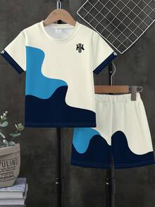 1 Conjunto de 2 piezas para niños con bloques de color amarillo y azul de verano, conjunto casual versátil y elegante, nuevo lanzamiento de primavera/verano, ropa para niños adecuada para la escuela, salidas, compras, regalos de vacaciones, fotografía al aire libre, multiusos, crea fácilmente un estilo de verano, la primera opción de mamá para looks listos para fotos - Multicolor - Ver 3