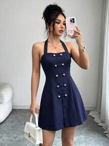 Flora Isola Flora Isola Summer Standard Size Navy Blue Halter Neck Woven Strap Frog Button A-Line Fashion Commute Going Out Vacation Short Dress Elegant Preppy - Navy Blue - View 5