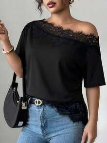 Elenzga Women's Lace Patchwork Asymmetric Shoulder Casual Versatile Daily T-Shirt - Black - View 5