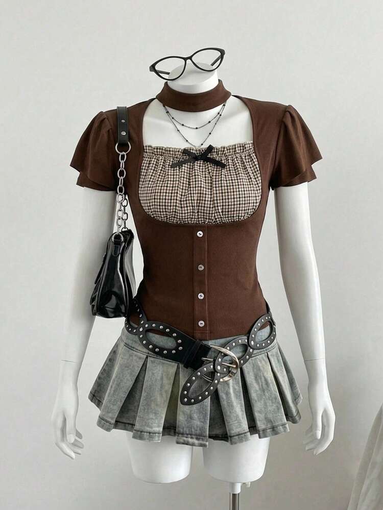 FRIFUL Kaos Wanita Model Halter Neck Motif Kotak-kotak Patchwork Lengan Pendek Mengembang dengan Hiasan Kancing di Pinggang, Gaya Manis & Pedas untuk Musim Panas - Rust Brown - View 4