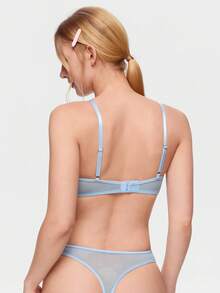 Bonmuse Lencería sexy para mujer, malla azul, ultra fina, floral, patchwork, bordada, moldeada, dulce, conjunto de 2 piezas: sujetador + tanga, azul claro fresco para el verano para el verano - Azul - Ver 2