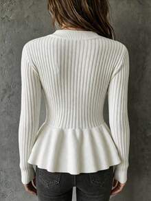 LUMIGAL Women's Solid Color Long Sleeve Single-Breasted Ruffle Hem Knit Cardigan - White - View 2