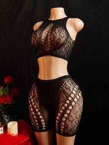 SHEIN Conjunto de Lingerie Sexy de Renda para Mulheres, Lingerie Sexy Adequada para Mulheres, Perfeita para Lua de Mel, Noite de Encontro e Outras Ocasiões. Esta Lingerie apresenta um design de malha, muito sexy e encantadora. Lingerie de Meia-Calça de Malha Sexy Adequada para Festa, Boate, Encontro, Apresentação, Noite de Casamento - Preto - Visão 5