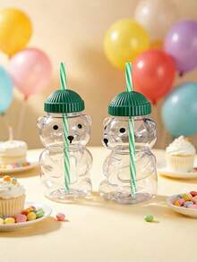 1/2/3/4/5/10Pcs Plastic Cute Bear Straw Cup – Teddy Bear Design Straw Tumbler With Lid, Reusable Travel Drinkware For Juice, Cold Drinks, Milk, Coffee (Not For Boiling Water) - Green - View 12