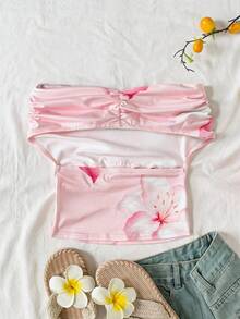 SHEIN Tween女孩三種穿法休閒熱帶海灘度假花卉印花修身上衣，夏季百搭，高領露肩設計，優雅時尚，適合假期、鄉村風、海灘度假、下午茶等場合，優雅風格，可作為舞衣或可愛上衣穿著。KIDS - 粉色 - 查看 2