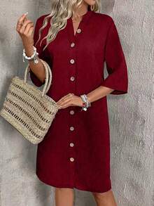 EMERY ROSE Gaun Liburan Kasual Wanita Warna Polos dengan Kancing Depan - Burgundy - View 4